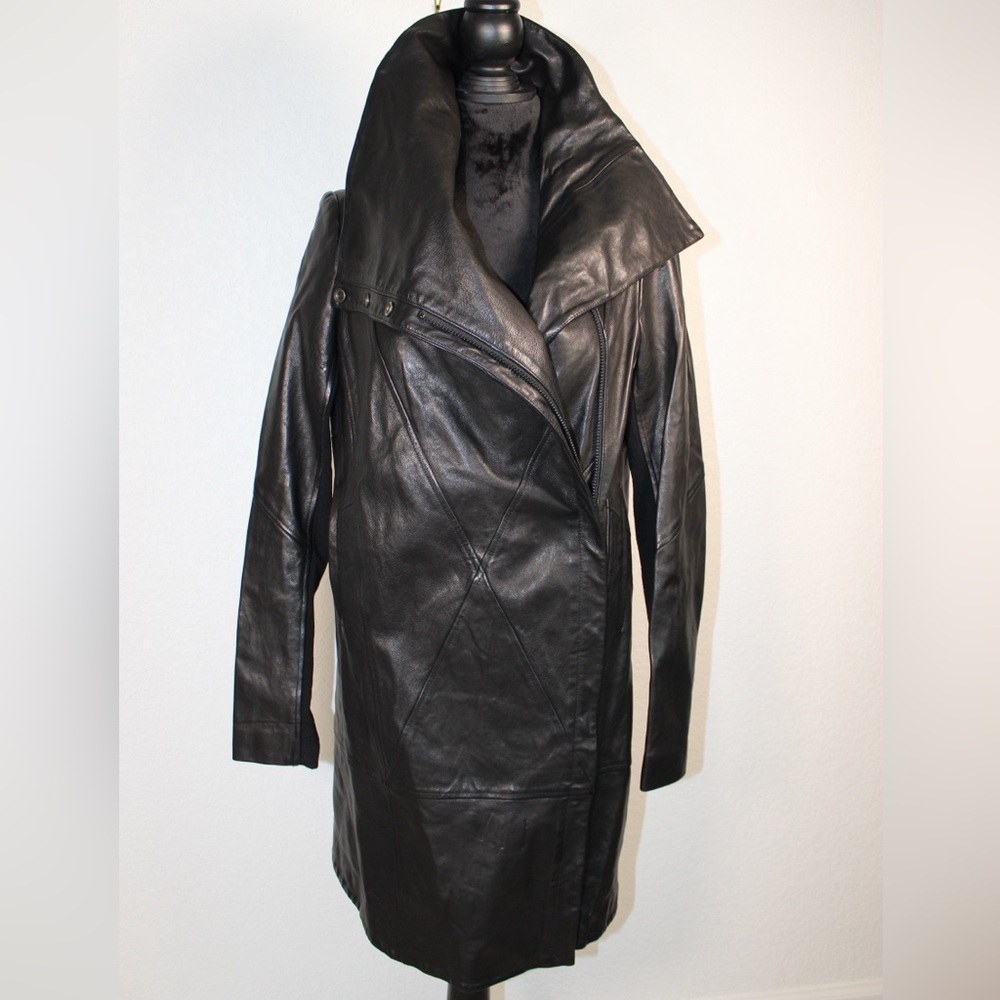 Helmut Lang Black Leather Coat | Asymmetrical Zip + Dramatic Sculptural Collar